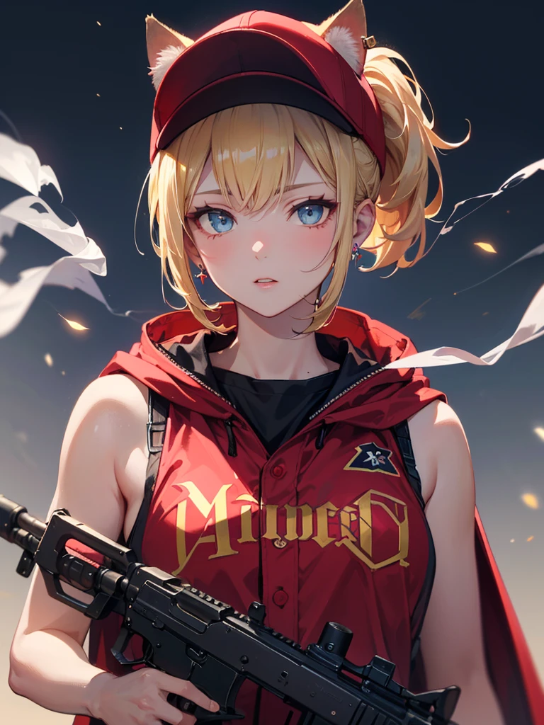 ((kalachnikov_fusil,agression_fusil ,holding_pistolet))  (((cheveux blond　queue de cheval courte　Portez une casquette)))　((cyberpunk　des boucles d&#39;oreilles　Fumer une cigarette en solo)),((Lune brillante　fond brillant)) ,((oreilles de chat)), ((Sans manches)),((Casquette de baseball rouge vin)),((Porter un uniforme de baseball rouge vin))、((Cape rouge))、yeux bleu pâle ,Haut du corps,(Meilleure qualité, 8k, peinture à l&#39;huile, Chef-d&#39;œuvre:1.2), Super détaillé, (le réalisme, Il&#39;c&#39;est photoréaliste:1.37), 