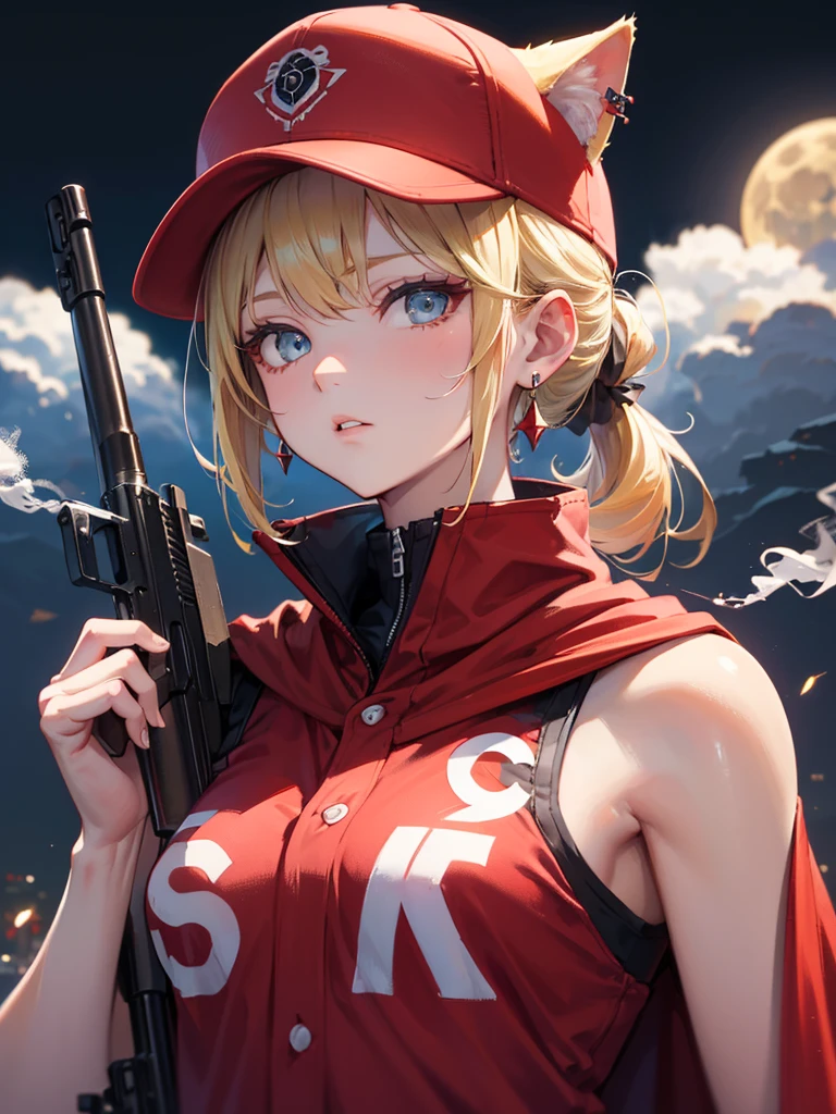 ((kalachnikov_fusil,agression_fusil ,holding_pistolet))  (((cheveux blond　queue de cheval courte　Portez une casquette)))　((cyberpunk　des boucles d&#39;oreilles　Fumer une cigarette en solo)),((Lune brillante　fond brillant)) ,((oreilles de chat)), ((Sans manches)),((Casquette de baseball rouge vin)),((Porter un uniforme de baseball rouge vin))、((Cape rouge))、yeux bleu pâle ,Haut du corps,(Meilleure qualité, 8k, peinture à l&#39;huile, Chef-d&#39;œuvre:1.2), Super détaillé, (le réalisme, Il&#39;c&#39;est photoréaliste:1.37), 