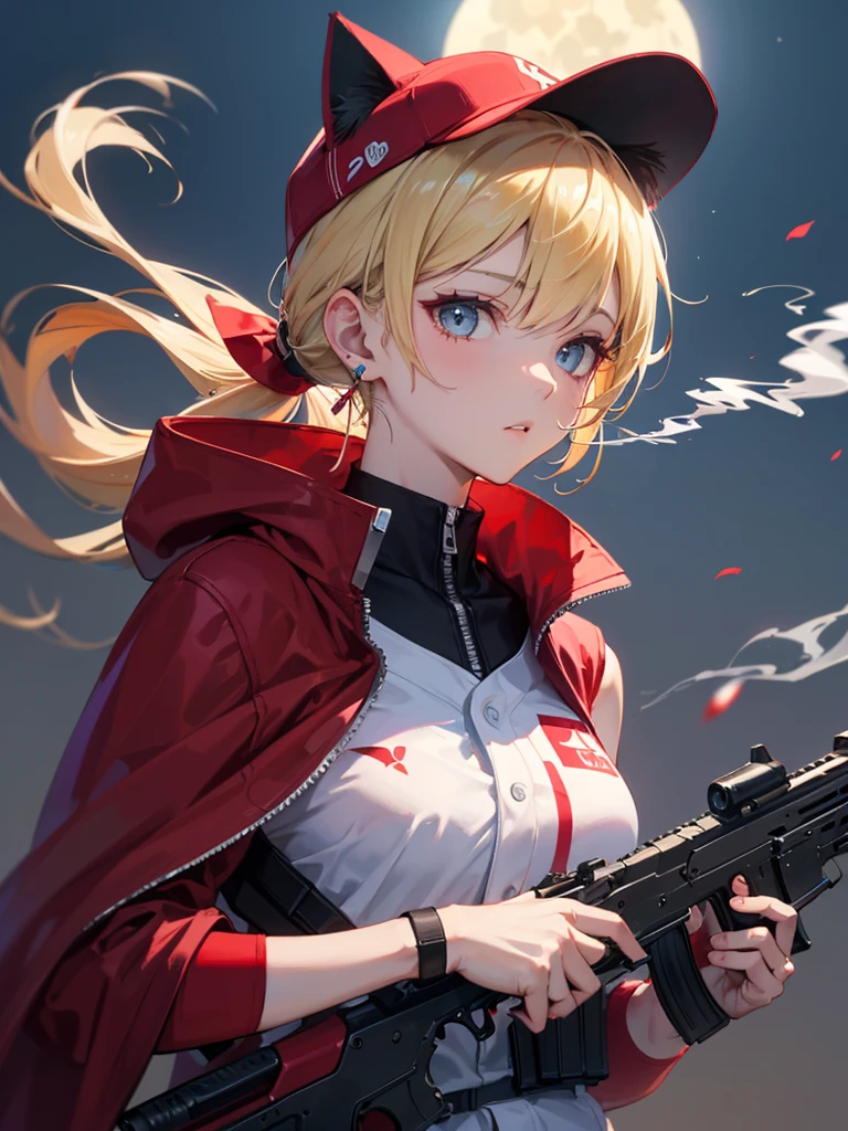 ((kalachnikov_fusil,agression_fusil ,holding_pistolet))  (((cheveux blond　queue de cheval courte　Portez une casquette)))　((cyberpunk　des boucles d&#39;oreilles　Fumer une cigarette en solo)),((Lune brillante　fond brillant)) ,((oreilles de chat)), ((Sans manches)),((Casquette de baseball rouge vin)),((Porter un uniforme de baseball rouge vin))、((Cape rouge))、yeux bleu pâle ,Haut du corps,(Meilleure qualité, 8k, peinture à l&#39;huile, Chef-d&#39;œuvre:1.2), Super détaillé, (le réalisme, Il&#39;c&#39;est photoréaliste:1.37), 