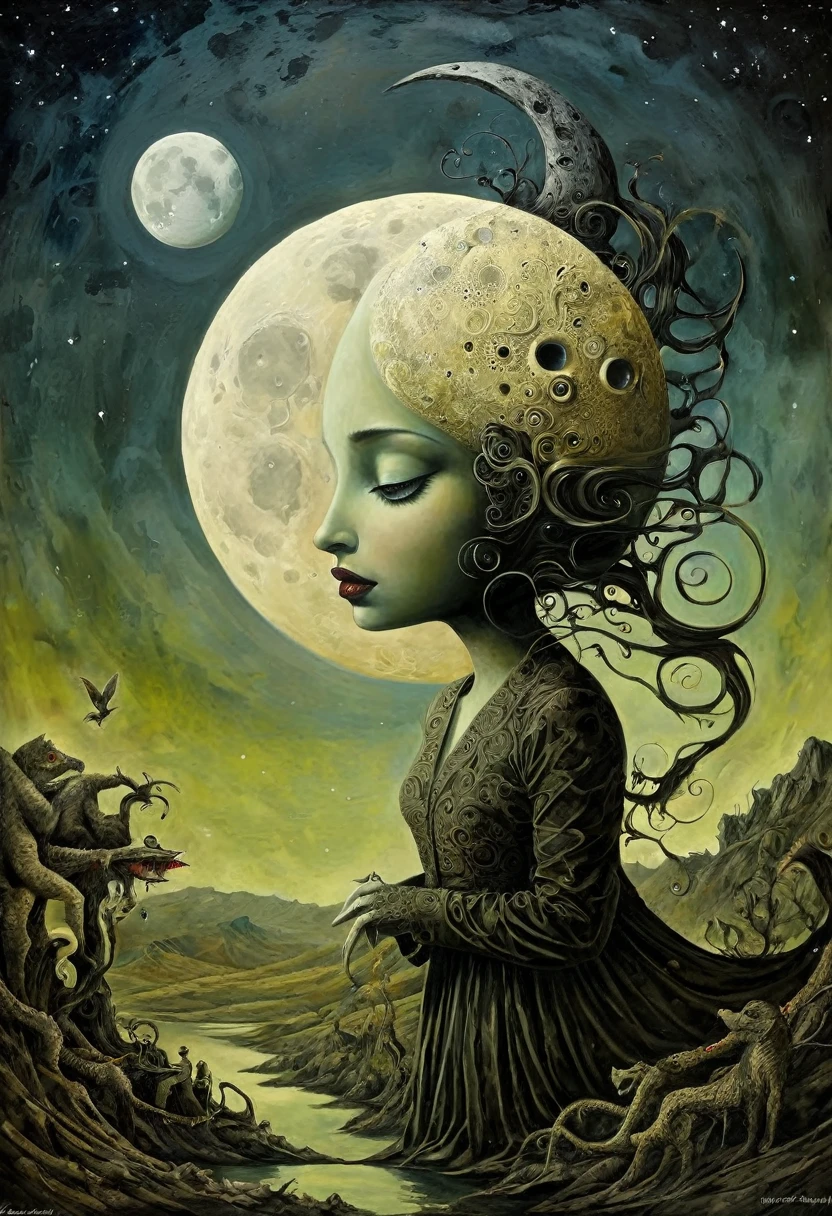 the moon, Artwork inspired by Dave Mckean, intricate details, oil painted, surreal bizarre, high quality