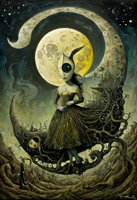 the moon, Artwork inspired by Dave Mckean, intricate details, oil painted, surreal bizarre, high quality