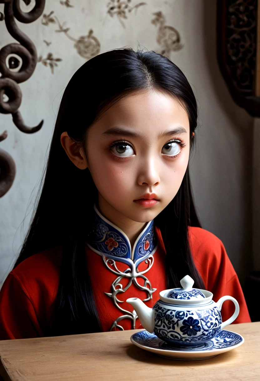 A young Satanichia Karimizhi, With her enormous complacent eyes she looks very attentively at the ants that come out of the tea cups that have geometrically impossible shapes and decorated with fantastic shapes., and showing the fierceness of Chinese ceramics, everything as if it were a dream by Tim Burto