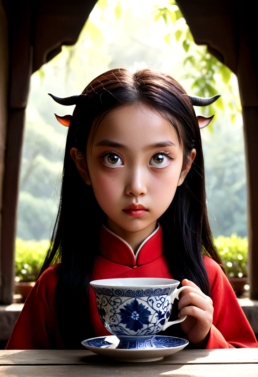 A young Satanichia Karimizhi, With her enormous complacent eyes she looks very attentively at the ants that come out of the tea cups that have geometrically impossible shapes and decorated with fantastic shapes., and showing the fierceness of Chinese ceramics, everything as if it were a dream by Tim Burto