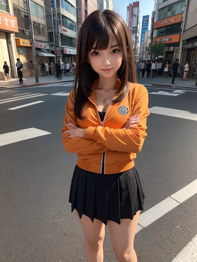 (8k, RAW Photos, Highest quality, masterpiece:1.2), (Realistic, photo-Realistic:1.4), (Highly detailed 8K wallpapers), ((Full Body Shot)), (1 girl), Sharp focus, Depth of written boundary, Cinematic lighting, Soft Light, The beauty of detail, eye_Chan, Very beautiful 17 year old girl, innocent big eyes, Realistic, photo Realistic, Highly detailed cute girl, (Thin thighs), (Model Body Type), 18-year-old, ((Orange track jacket)), (Black Micro Mini Pleated Skirt), (((Fold your arms in front of your chest and act arrogantly))), ((A happy smile)), Parted lips, Watching the audience, (On the streets of Tokyo) , (Brown Hair),（Long Bob Hair), (Asymmetrical bangs)