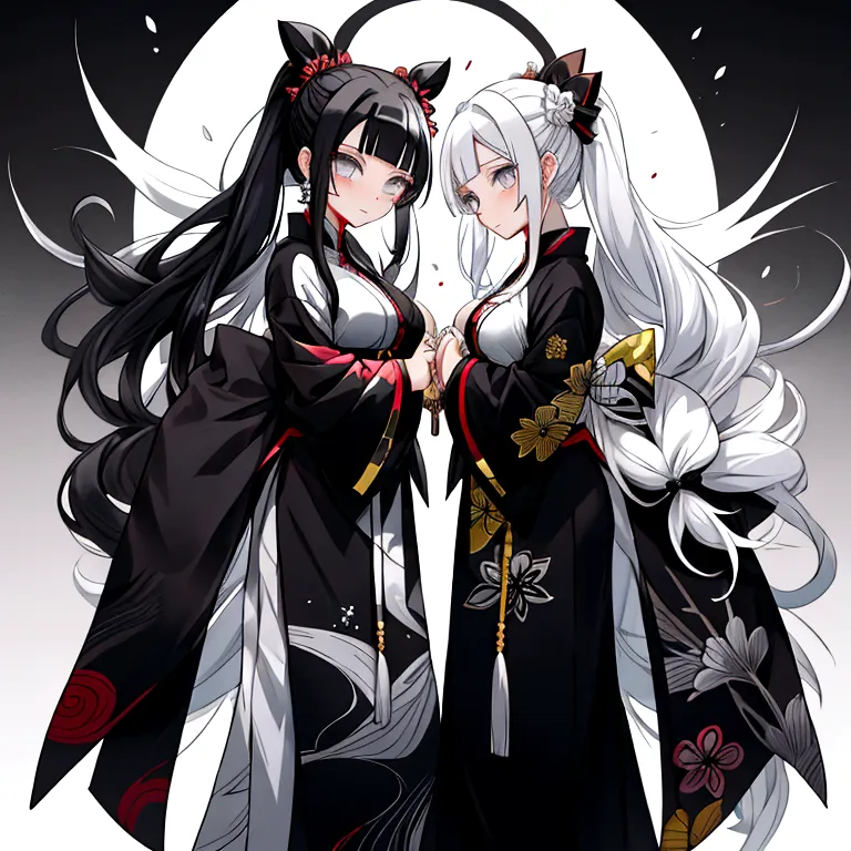 estilo kimetsu no yaiba , Women , long black and white hair, with a gold and black white ying and yang costume