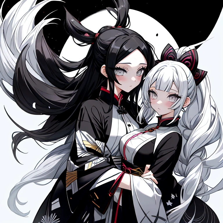Kimetsu no estilo Yaiba , Mulheres , longos cabelos pretos e brancos, com uma fantasia dourada e preta de ying e yang