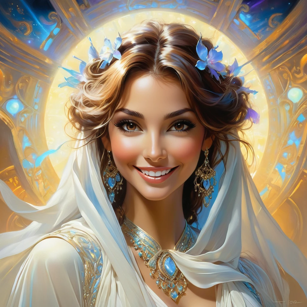 Composição hiper-realista-surreal e de fantasia Pintura digital ideal e dinâmica, retrato de uma mulher sorridente incrivelmente linda, Cabelo castanho luxuoso, atmosfera de luz negra, Estilo José Royo, Boris Vallejo, Carne Griffithsa, Vadim Kashin, Harrison Fisher, Brian Froud e Jeremy Mann, Cenário épico, show de luz negra, Stedman&#39;vários estilos, Hanukkah, Klimt, bela, passatempo, Newton, Grega Rutkowski, atmosférico, tendência da estação de arte, Artgerm, deviant art, octanos, obra de arte, arte complexa, detalhes Intrincado, Cartaz de filme com pintura fosca, proporção áurea, Tendência da sociedade CG, incrivelmente detalhado e incrivelmente bonito, alta qualidade