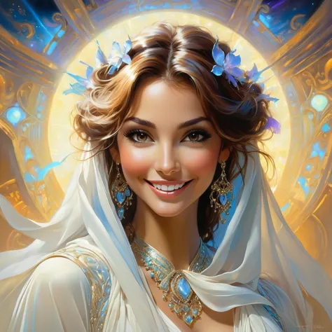 Hyperrealistic-surreal and fantasy composition Ideal and dynamic digital painting, portrait of an incredibly beautiful smiling w...