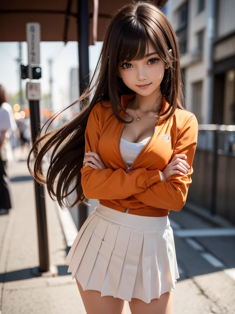 (8k, RAW Photos, Highest quality, masterpiece:1.2), (Realistic, photo-Realistic:1.4), (Highly detailed 8K wallpapers), ((Full Body Shot)), (1 girl), Sharp focus, Depth of written boundary, Cinematic lighting, Soft Light, The beauty of detail, eye_Chan, Very beautiful 17 year old girl, innocent big eyes, Realistic, photo Realistic, Highly detailed cute girl, (Thin thighs), (Model Body Type), 18-year-old, ((Orange track jacket)), (Black Micro Mini Pleated Skirt), (((Fold your arms in front of your chest and act arrogantly))), ((A happy smile)), Parted lips, Watching the audience, (On the streets of Tokyo) , (Brown Hair),（Long Bob Hair), (Asymmetrical bangs