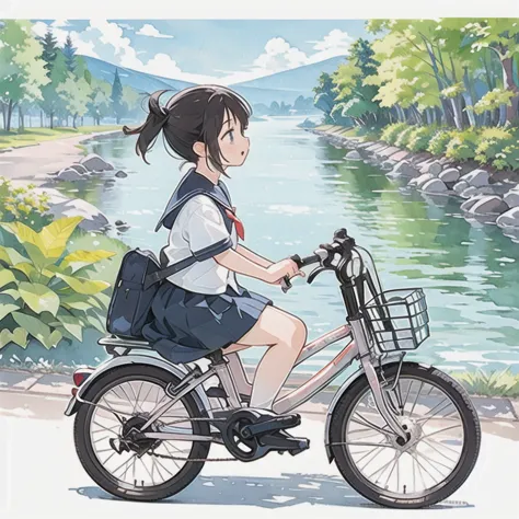 (masterpiece, highest quality:1.2), reality、girl riding a bicycle, alone、junior high school girl，uniform、panchi et al..，white pa...