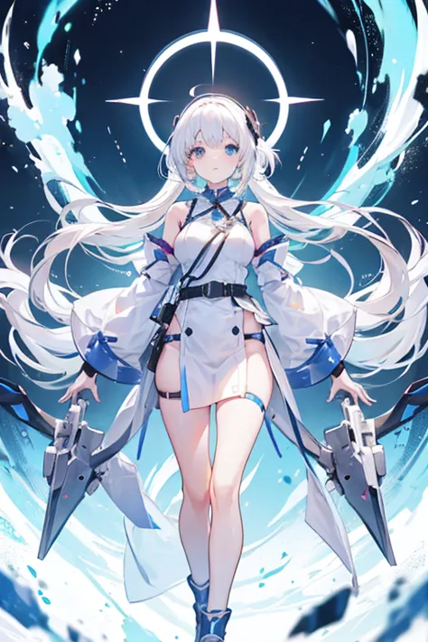 white hair girl　a large arm mechanism floats around the body.