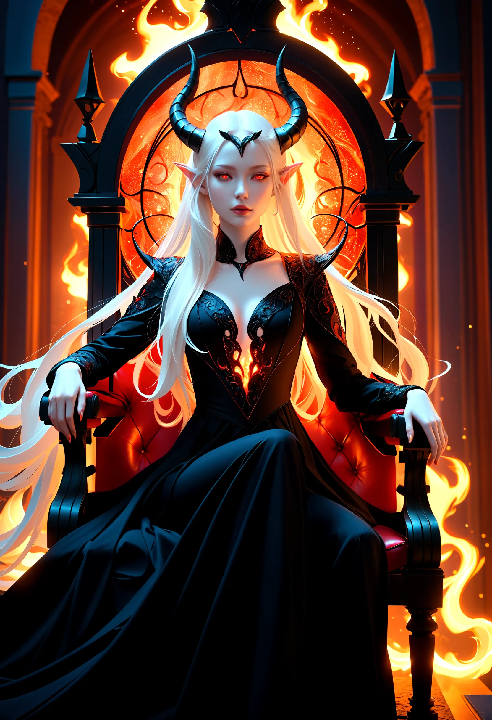 whole body, Solitary,A beautiful female demon, Sitting on the majestic throne of power, With red glowing eyes, Albinos with very...