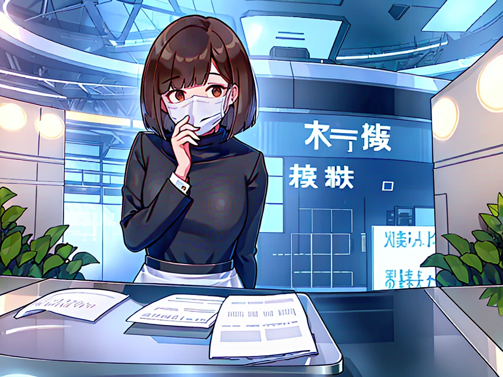 news studio, (((no face office lady))), brown hair, bob cut, upper body, leading news, small wipe of park, detailed news program, ((from front)), [pixel art]