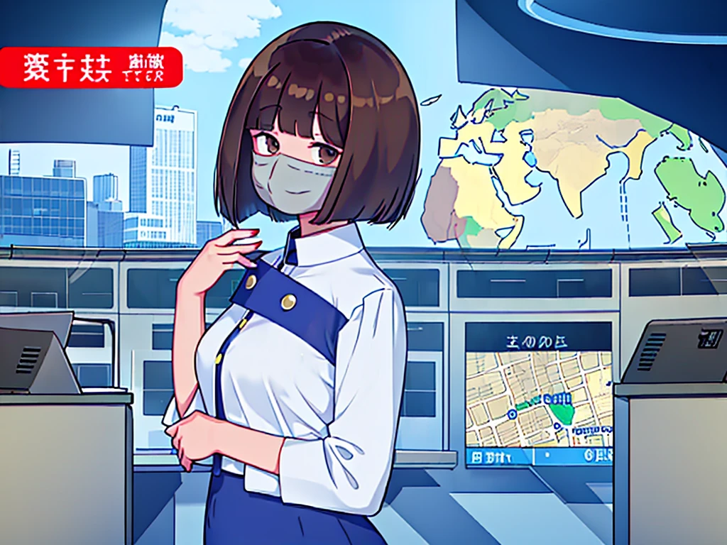 news studio, (((no face office lady))), brown hair, bob cut, upper body, leading news, small wipe of park, detailed news program, ((from front)), [pixel art]