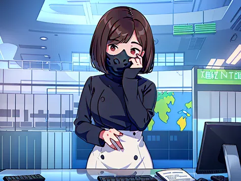 news studio, (((no face office lady))), brown hair, bob cut, upper body, leading news, small wipe of park, detailed news program...