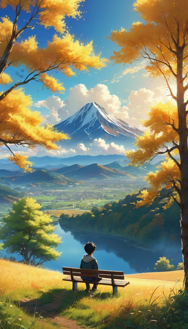 Creates an image of a serene, sunlit rural scene in a vibrant and detailed anime style. The scene is a boy sitting next to a tree in an autumn meadow, watching a vast golden yellow sky with bench spots, incredible sunset, tall grasses, makoto shinkai cyril rolando, 4k anime art wallpaper, small grass, shadows in the leaves of the trees and clouds, and. In the background you can see an infinite mountain range. The sky is a bright blue, dotted with fluffy white clouds. The overall atmosphere is calm and nostalgic, evoking a warm summer day.
