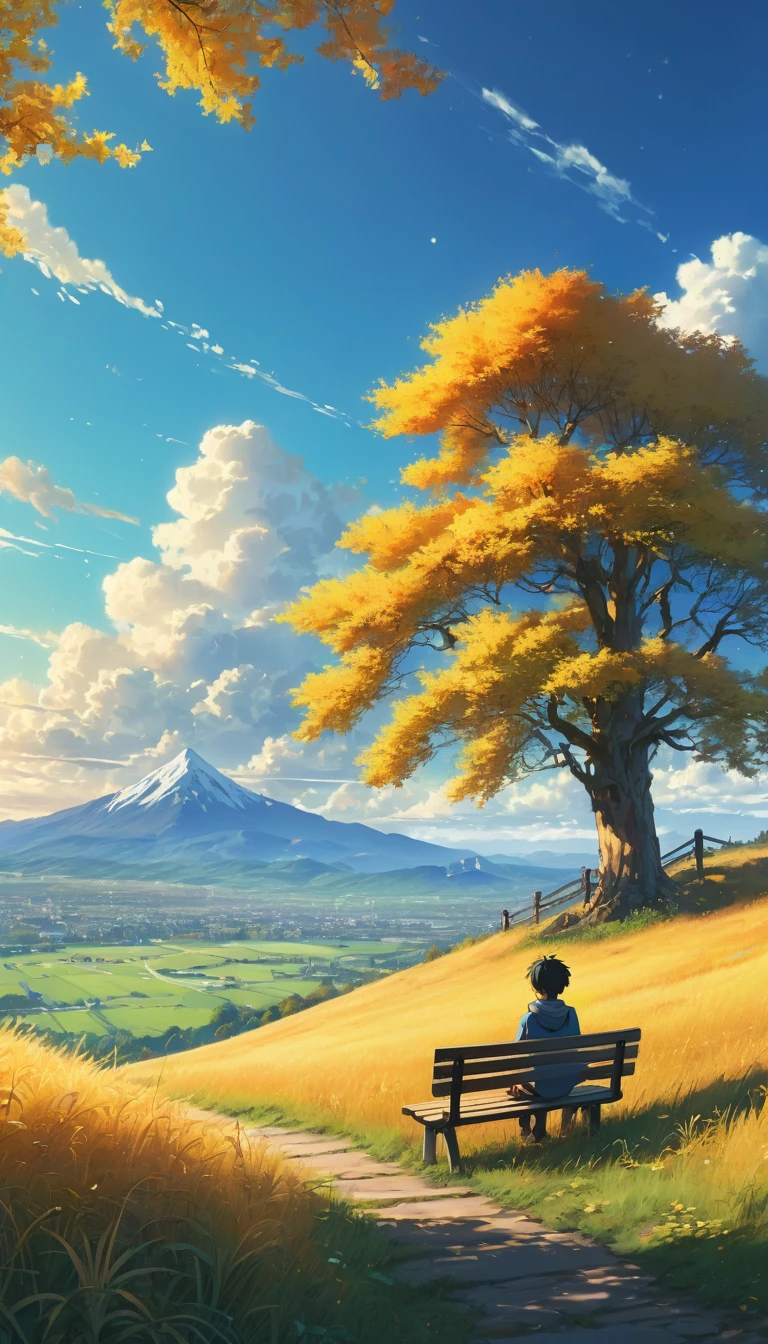 Creates an image of a serene, sunlit rural scene in a vibrant and detailed anime style. The scene is a boy sitting next to a tree in an autumn meadow, watching a vast golden yellow sky with bench spots, incredible sunset, tall grasses, makoto shinkai cyril rolando, 4k anime art wallpaper, small grass, shadows in the leaves of the trees and clouds, and. In the background you can see an infinite mountain range. The sky is a bright blue, dotted with fluffy white clouds. The overall atmosphere is calm and nostalgic, evoking a warm summer day.
