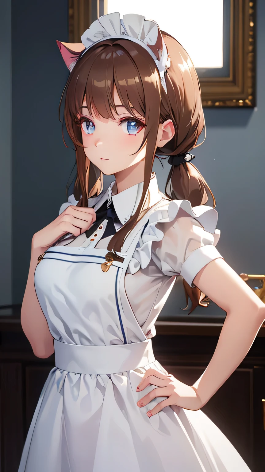 beautiful face, best quality, shiny skin, detailed skin, detailed face, detailed eyes, beautiful lady, light brown hair, low twintails, maid headdress, cat ears, Pop art, best quality, highres, masterpiece, super detail, 8k, Maid working in the palace, maid uniform, Ruffled Apron, from side, Twist your waist and create an S-shaped body line