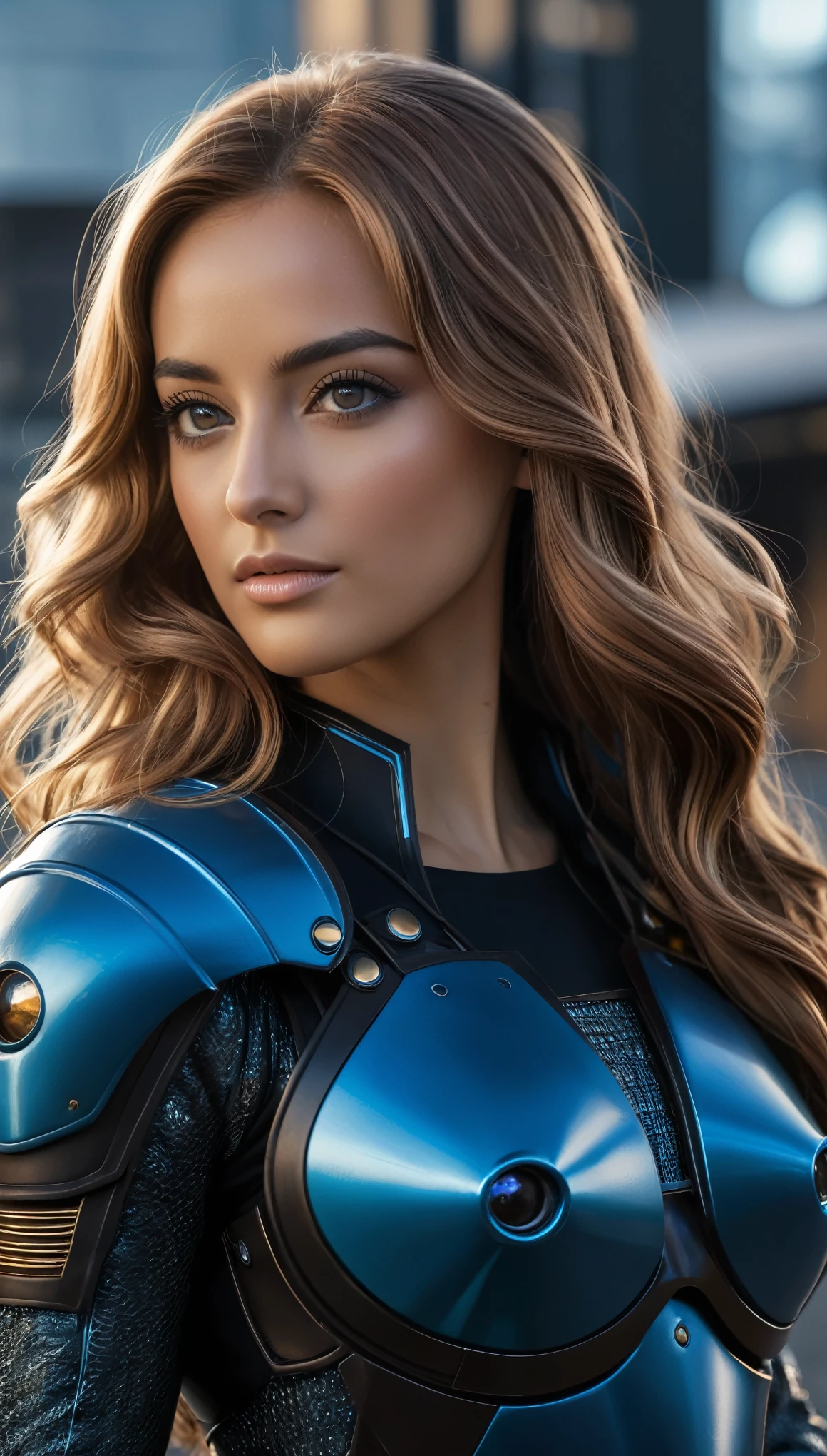 (best quality,4k,8k,highres,masterpiece:1.2), ultra-detailed, (realistic,photorealistic,photo-realistic:1.37), Big black eyes, aura, long wavy hair of light brown color,, Black and blue sci-fi armor, SF wind, high quality, atmosphere, war