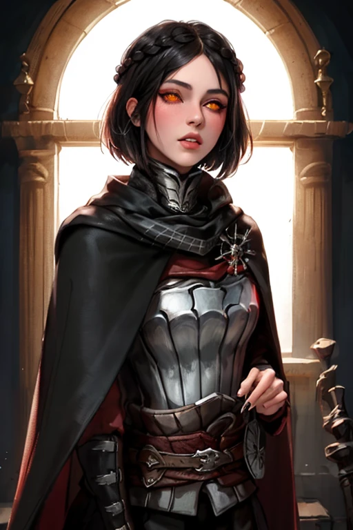 masterpiece,best quality, high quality,, ,Serana,black_hair, braid, cape,orange_eyes, red_eyes, black_sclera, colored_sclera,
  black sclera, colored sclera, 