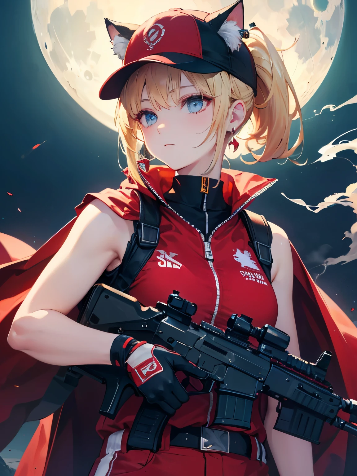 ((kalachnikov_fusil,agression_fusil ,holding_pistolet))  (((cheveux blond　queue de cheval courte　Portez une casquette)))　((cyberpunk　des boucles d&#39;oreilles　Fumer une cigarette en solo)),((Lune brillante　fond brillant)) ,((oreilles de chat)), ((Sans manches)),((Casquette de baseball rouge vin)),((Porter un uniforme de baseball rouge vin))、((Cape rouge))、yeux bleu pâle ,Haut du corps,(Meilleure qualité, 8k, peinture à l&#39;huile, Chef-d&#39;œuvre:1.2), Super détaillé, (le réalisme, Il&#39;c&#39;est photoréaliste:1.37), 