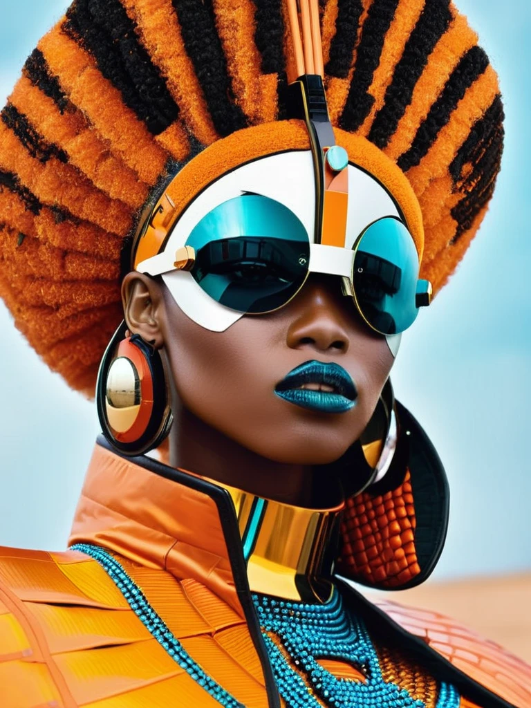 Afrofuturist mode photography, capturing the essence of Afrocentric style and futuristic esthétique in stunning visual Récits, mode:1.4, esthétique:1.3, Récits:1.2. , afrofuturisme