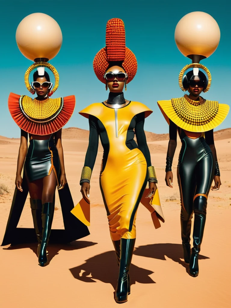 Afrofuturist mode photography, capturing the essence of Afrocentric style and futuristic esthétique in stunning visual Récits, mode:1.4, esthétique:1.3, Récits:1.2. , afrofuturisme