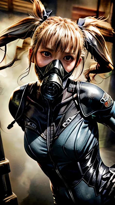 masterpiece, Highest quality, High resolution, 1 Girl Twintail Hair Ribbon, Bodysuit Photorealistic, gas mask, Hands on hips, Mi...