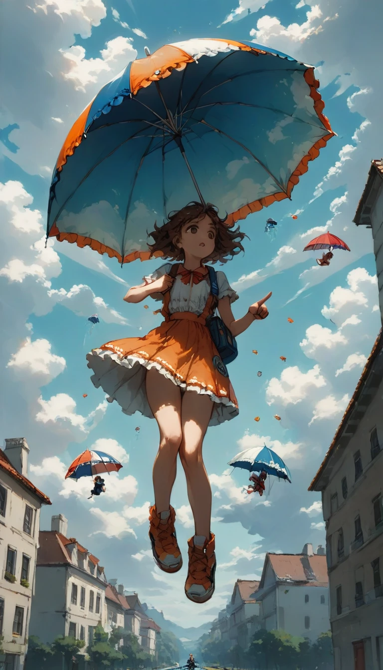 quality\(8k,Highly detailed CG unit wallpaper, masterpiece,High resolution,top-quality,top-quality real texture skin,surreal,Increase the resolution,RAW Photos,highest quality,Very detailed,wallpaper\),BREAK、Mary Poppins、((A girl using an umbrella instead of a parachute、独奏、pretty girl、Pointing to a large umbrella、Gripping the umbrella tightly、Brown Hair、Spiky Hair))、BREAK、((Girl falling from the sky、A girl falling with the buoyancy of an umbrella、Perfectly calculated Spiky Hair、Skirt that flips up))、BREAK、Wide sky、Blue sky、Orange roofs spreading out below、Blurred background