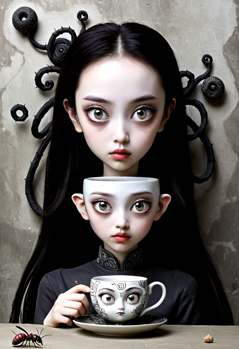 A young Satanichia Karimizhi, With her enormous complacent eyes she looks very attentively at the ants that come out of the tea cups that have geometrically impossible shapes and decorated with fantastic shapes., and showing the fierceness of Chinese Raku Yaki ceramics, everything as if it were a Tim Burton dream.