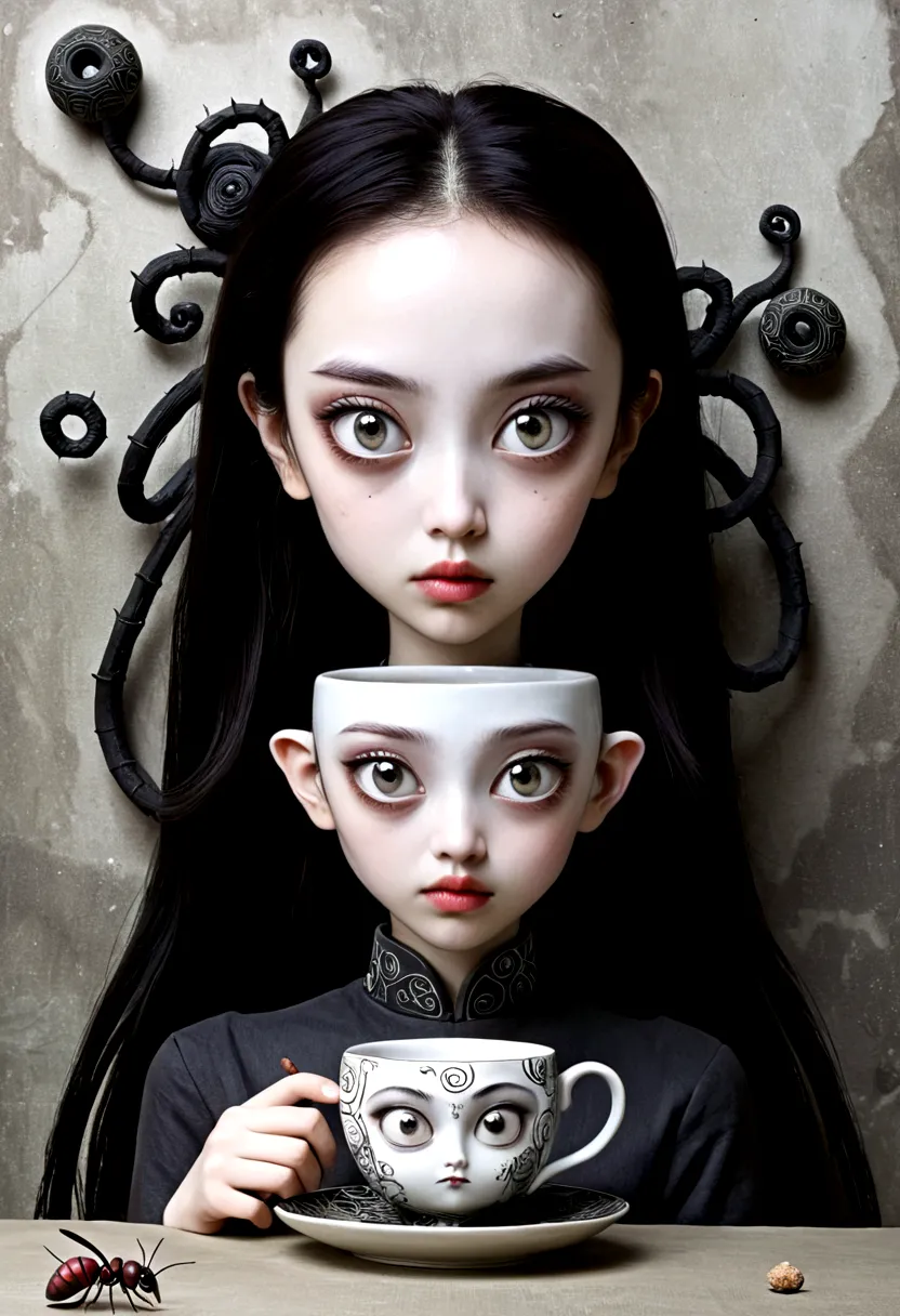 A young Satanichia Karimizhi, With her enormous complacent eyes she looks very attentively at the ants that come out of the tea ...