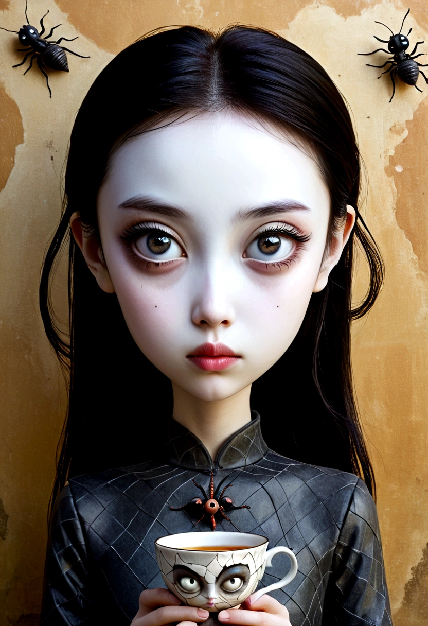 A young Satanichia Karimizhi, With her enormous complacent eyes she looks very attentively at the ants that come out of the tea cups that have geometrically impossible shapes and decorated with fantastic shapes., and showing the fierceness of Chinese Raku Yaki ceramics, everything as if it were a Tim Burton dream.