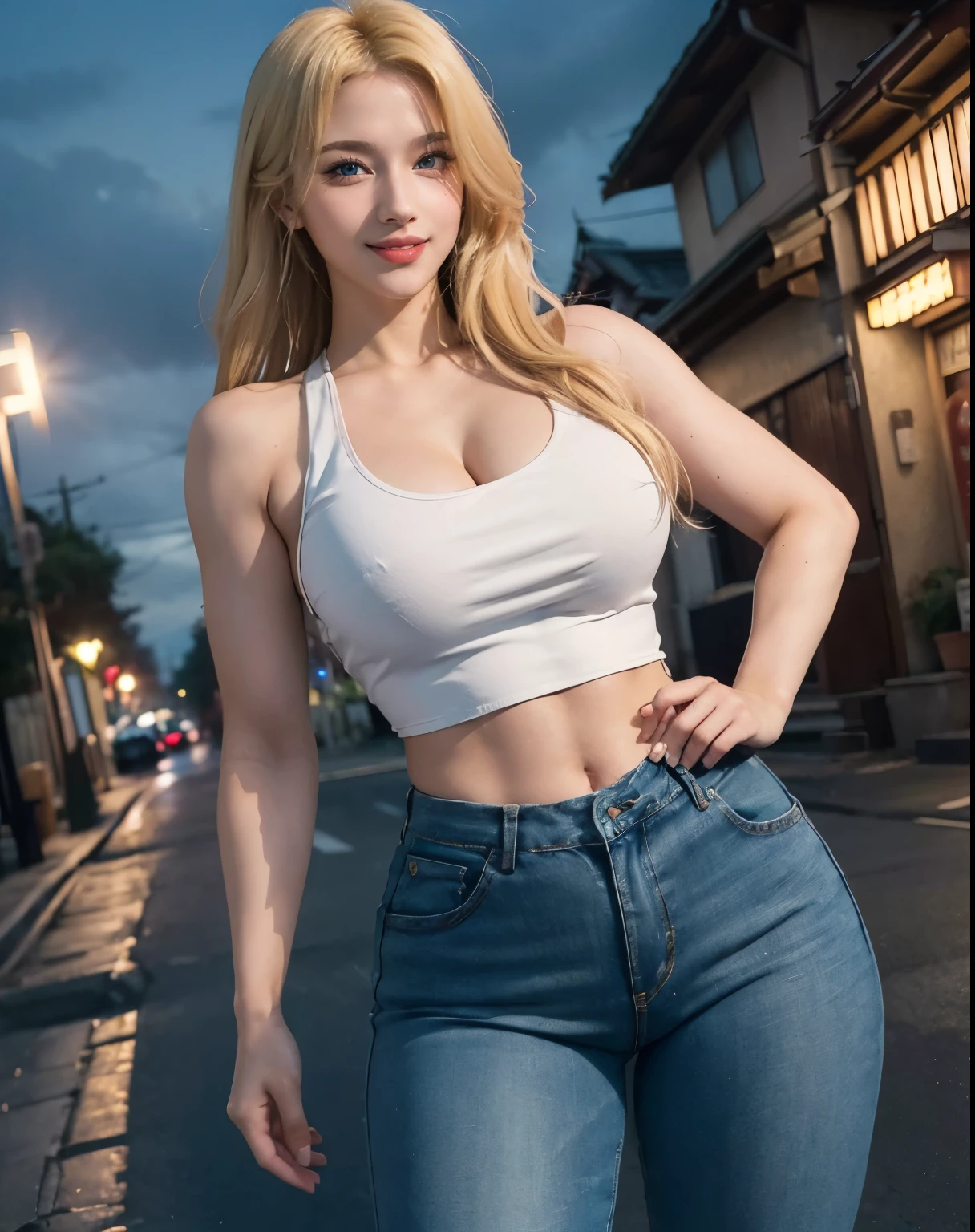 1girl, (Blue Eyes), (smiling :1.2), (Sana Minatozaki), wide hips, (big tits :1.1), (big ass), (thin waist :1.2), (thick thighs), (toned legs :1.1), muscle, (Best Quality, 8k, Masterpiece: 1.3), Clear Focus: 1.2, Perfect Body Beauty: 1.4, (strong abs :1.2), Highly detailed face and skin texture, detailed eyes, double eyelids, (shiny skin :1.2), (long blonde hair :1.2), (whitescoop neck tank top cleavage :1.2), (jeans :1.1), standing, dynamic pose, in a Japanese residential neighborhood at night, illuminated by streetlights, drinks machine on the side, night sky