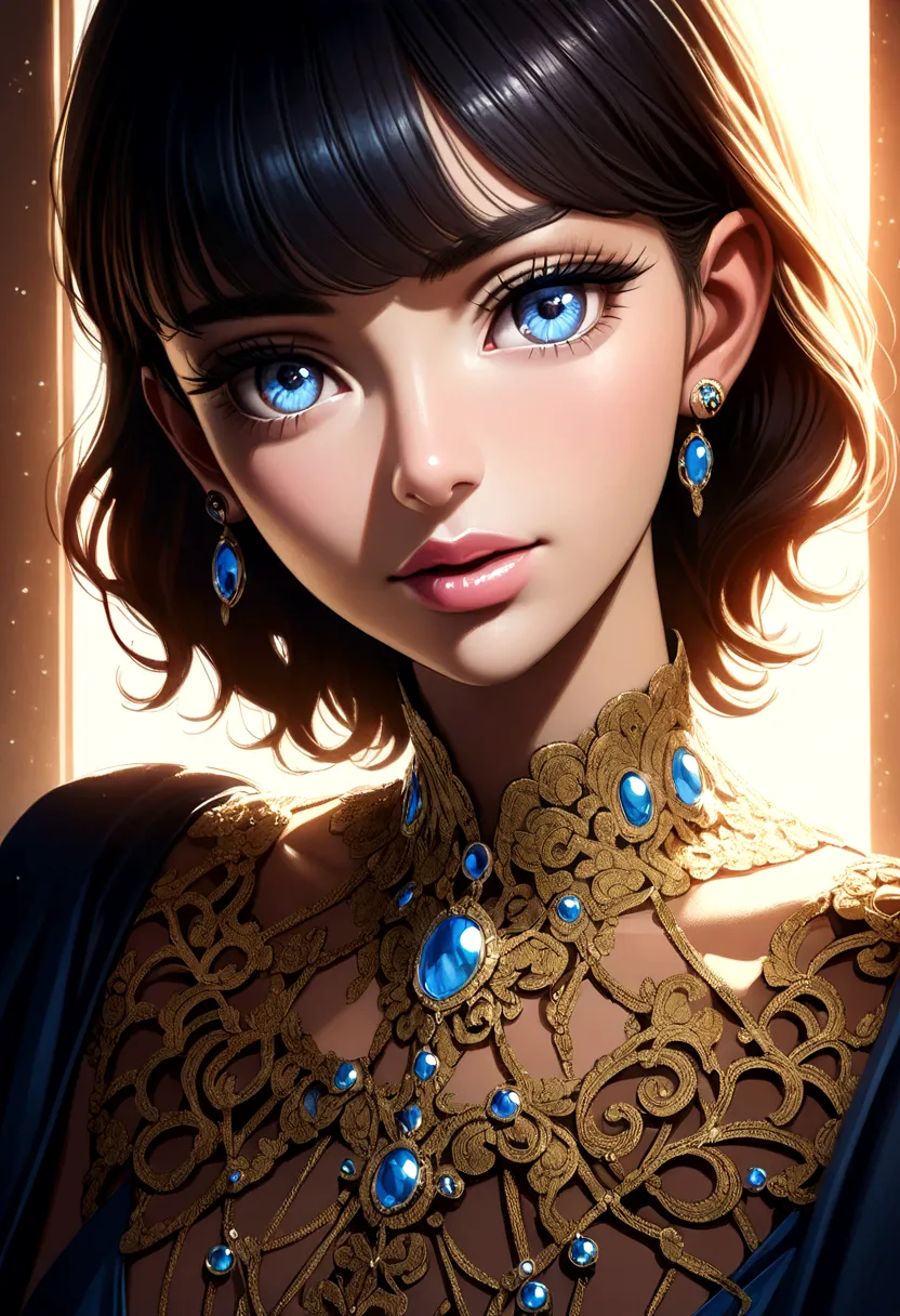 a highly detailed masterpiece, extremely detailed and realistic portrait of a beautiful young woman with captivating blue eyes, ...