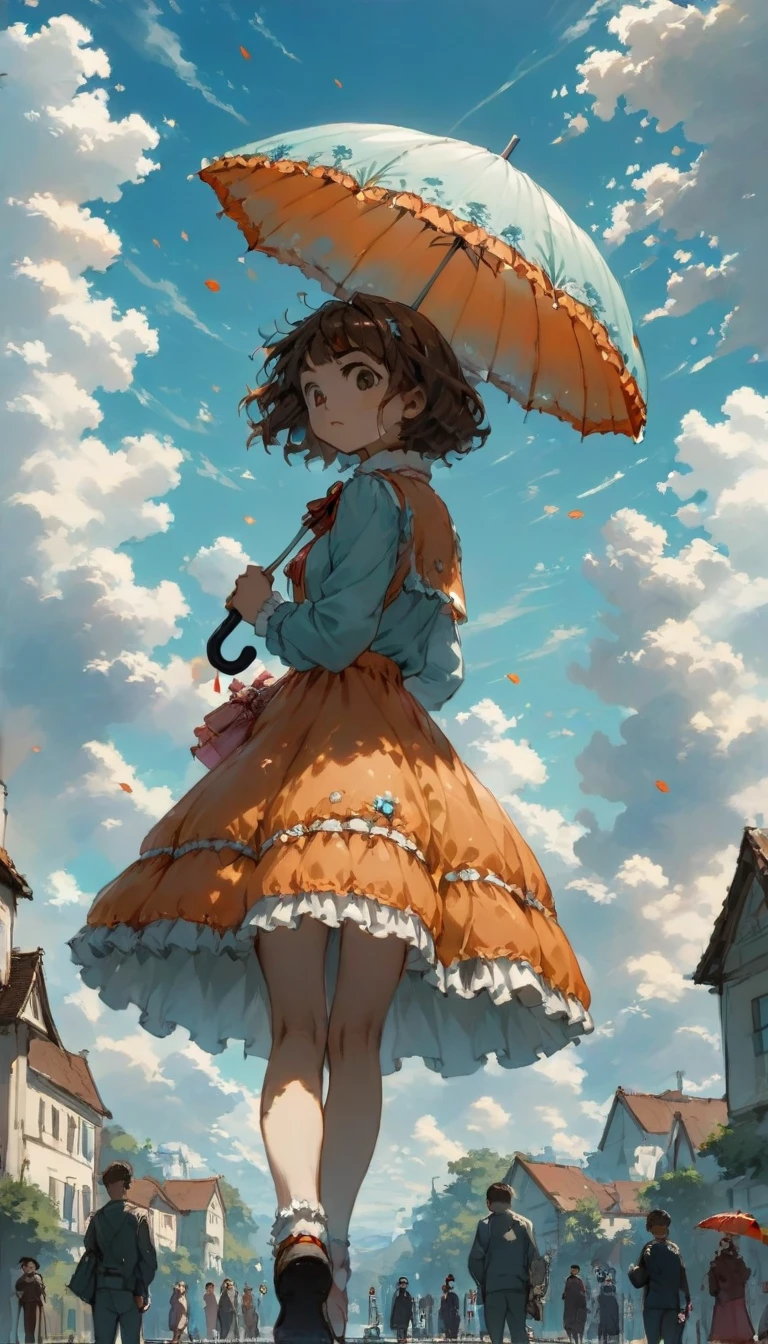 quality\(8k,Highly detailed CG unit wallpaper, masterpiece,High resolution,top-quality,top-quality real texture skin,surreal,Increase the resolution,RAW Photos,highest quality,Very detailed,wallpaper\),BREAK、Mary Poppins、((A girl using an umbrella instead of a parachute、独奏、pretty girl、Holding a large umbrella、Gripping the umbrella tightly、Holding the umbrella tightly with both hands、Brown Hair、Spiky Hair))、BREAK、((case、Girl caseing from the sky、傘の浮力でcaseしている女の子、Perfectly calculated Spiky Hair、Skirt that flips up))、BREAK、Wide sky、Blue sky、Orange roofs spreading out below、Blurred background