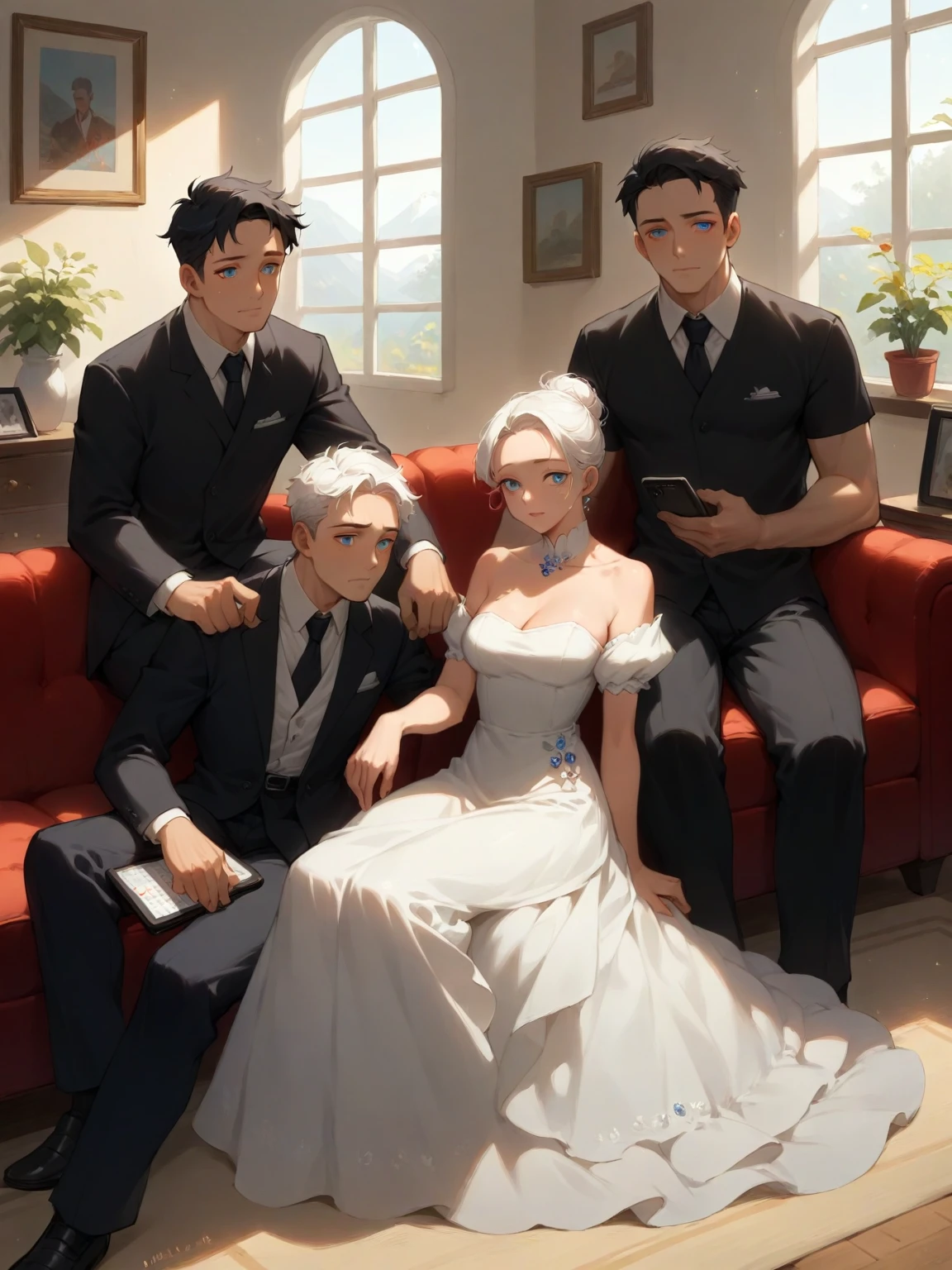 gramophone วินเทจ, simple living room , Quiff hairstyle, black short hair , old phonograph, gramophone，Listen to music，rest day ，The background is the house. , 3 men, father and son,  3 men, （30 year old man：mature man，สวมใส่white dress，black hair, blue eyes），（2 year old boy：black dress,black hair,blue eyes），（2 year old boy：white dress,white hair,blue eyes）