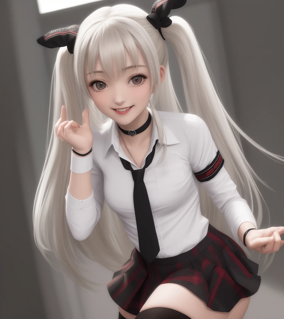 marie rose, 1girl, small breasts, black choker, white shirt, necktie, plaid skirt, wristband, detached sleeves, black thighhighs, garter straps, smile, v, hand up,upper body,, masterpiece,best quality,