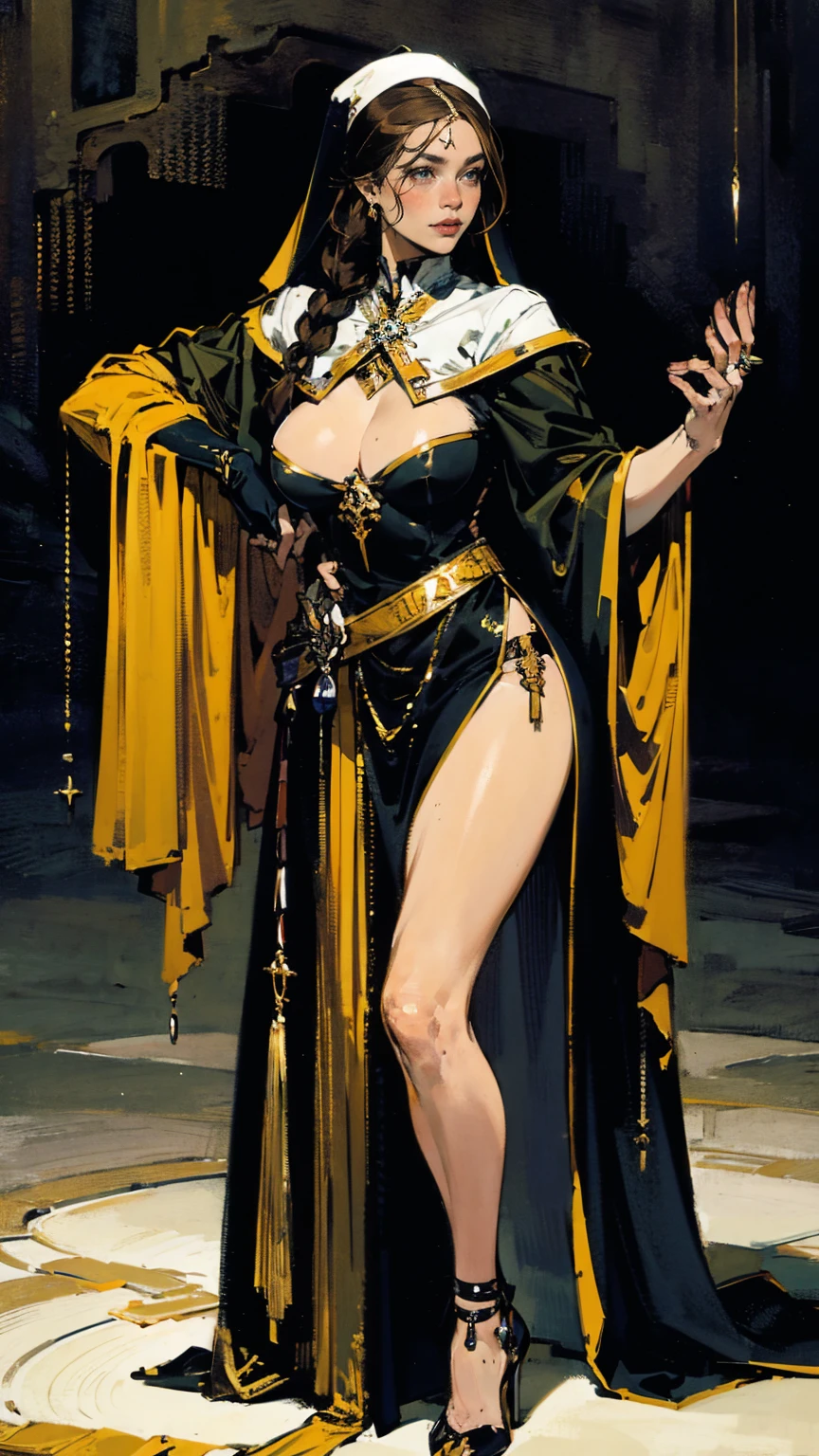 nsfw, best quality (4K, high resolution, masterpiece:1.2), ultra-detailed, realistic (photo-realistic:1.37), Sienna, the Commander of the Holy Faith, authoritative spiritual guide, portrait, ((wearing elegant warrior nun uniform with silver and gold accents signifying her high rank)), ((Perfect round and perky breasts)), (formfitting costume), wise yet piercing gaze, hazel eyes, poised stance, ((auburn hair tied back in a tight braid)), confident and commanding aura with a hint of wisdom, silver, gold, and dark color scheme, sharp focus, perfect, sacred lighting, confident, authoritative demeanor, emotive smile, powerful divine magic and spiritual energy radiating from her eyes, holy temple with a peaceful, inspiring background, tranquil yet empowering atmosphere, inspired by fantasy art and divine mythology, emphasizing her allure, wisdom, and martial prowess, meticulous attention to facial details showcasing her sharp and intelligent features, striking visual impact, expressive yet authoritative facial features, supernatural elements blended with a serene reality, (exceptionally detailed:1.3), super finely detailed and strong hands, ultra finely detailed fingers (ten fingers), suggestive, inspiring posing, full body showcase, no logos in the background.