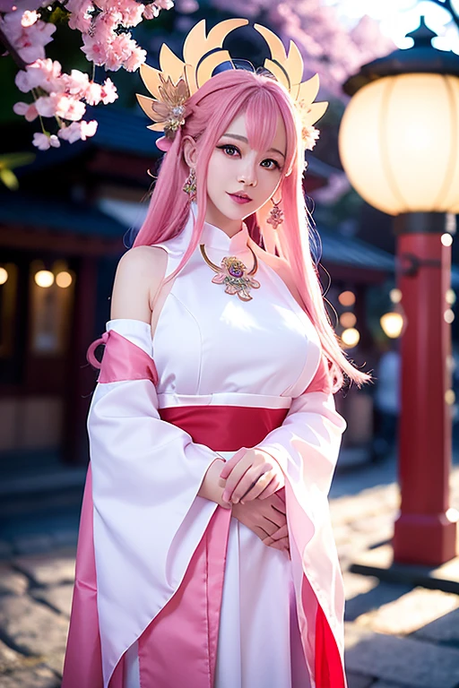 (Extreme Detail CG Unity 8K wallpaper, masterpiece, highest quality), (ulzzang-6500-v1.1:0.4) 1girl, kpop idol, yae miko, detached sleeves, pink hair, long hair, best quality, (photorealistic:1.2), (hair ornament:1.35), jewelry, wearing face veil, white face veil, purple eyes, earrings, large breasts, torii, cherry blossoms, lantern light, depth of field, detailed face, face focus, (looking at viewer:1.25), shiny skin, long sleeves, smile, thick lips, game cg, thighhighs, east asian architecture, blurry background, full body, arms behind back,hands behind,