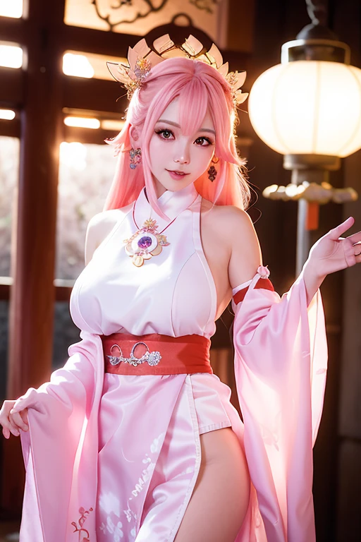 (Extreme Detail CG Unity 8K wallpaper, masterpiece, highest quality), (ulzzang-6500-v1.1:0.4) 1girl, kpop idol, yae miko, detached sleeves, pink hair, long hair, best quality, (photorealistic:1.2), (hair ornament:1.35), jewelry, wearing face veil, white face veil, purple eyes, earrings, large breasts, torii, cherry blossoms, lantern light, depth of field, detailed face, face focus, (looking at viewer:1.25), shiny skin, long sleeves, smile, thick lips, game cg, thighhighs, east asian architecture, blurry background, full body, arms behind back,hands behind,