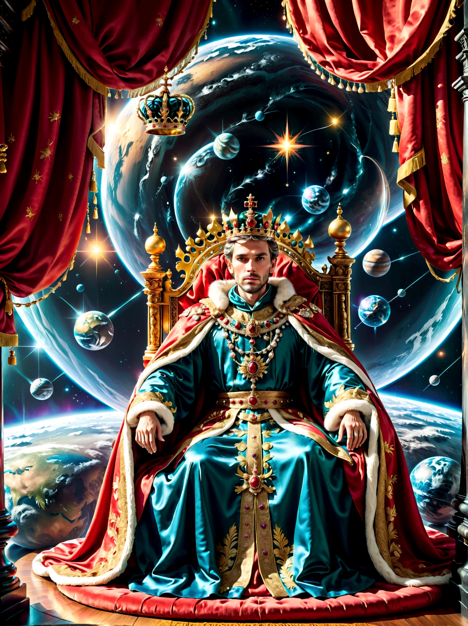 A royal figure in a lavish robe, adorned with a large crown, is seated on a throne. The setting is otherworldly and surreal, located in the vast expanse of space. The figure is perched on a miniature planet that's enveloped entirely by the rich fabric of the robe, reflecting an element of royal extravagance