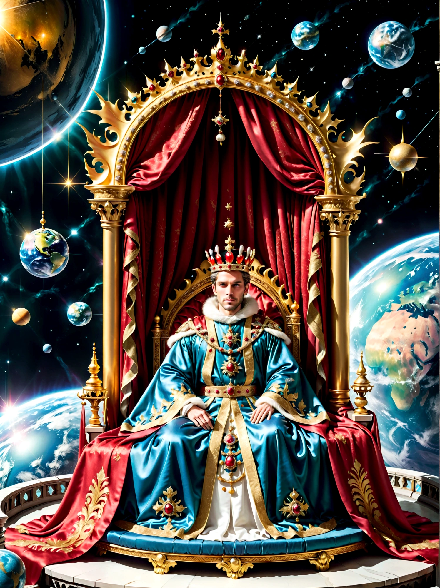 A royal figure in a lavish robe, adorned with a large crown, is seated on a throne. The setting is otherworldly and surreal, located in the vast expanse of space. The figure is perched on a miniature planet that's enveloped entirely by the rich fabric of the robe, reflecting an element of royal extravagance