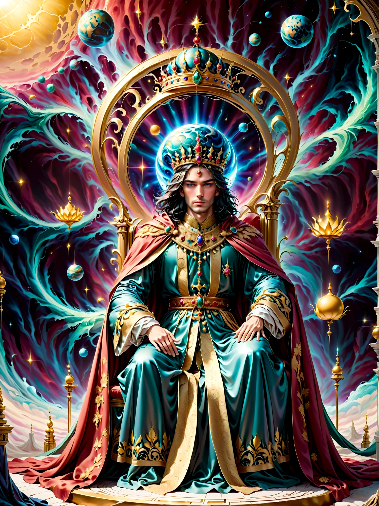 A royal figure in a lavish robe, adorned with a large crown, is seated on a throne. The setting is otherworldly and surreal, located in the vast expanse of space. The figure is perched on a miniature planet that's enveloped entirely by the rich fabric of the robe, reflecting an element of royal extravagance