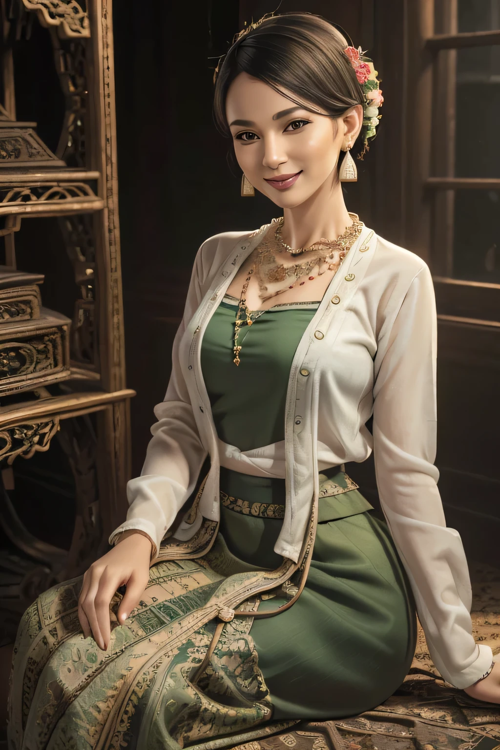 (realistic:1.3), insane detailed, quality, (masterpiece:1.2), (photorealistic:1.2), (best quality), (detailed skin:1.3), (intricate details), ray tracing, ((half body)), ((1woman)), (((1 person))), 40 years old, short hair, smile, green dress, skirt with pattern, color contrast between the dress and the skirt, skirt pattern, earrings, necklace, Javanese ornament, (blurred background)