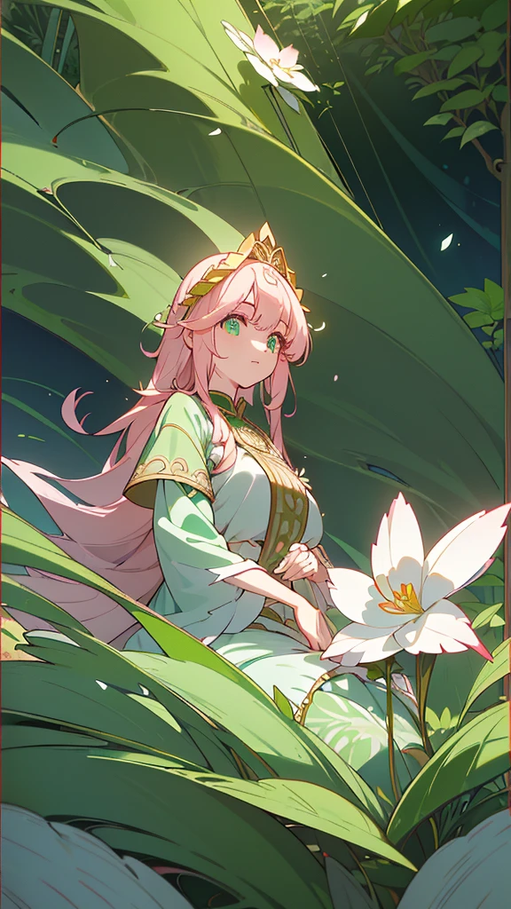 Name: Sakura Matsuno
Element: VERDANTHIA
Description: Matsuno, the Green Healer, revered for her extraordinary botanical knowledge and healing touch in her village. With her gentle spirit and soothing presence, she brings nature's harmony back to any placeminus humanity's impact.
Prompt: ((((Botanical bliss, Top tier, Ultrahigh resolution)))), 1girl, serene, sitting, (blossoming pink headband, long wavy cherry blossom hair), (immaculate green outfit), ((porcelain skin)), ((light olive eyes, glowing verdanThia orbs:0.8)), (((ultra detailed face, beautiful and ornate green eyes:0.9))), (((centered, introspective pose, outward view, separate shot of flowers))), voluptuous curves, looking to the side, light smile, ((delicate hands, intricately designed rings:1)), (hands resting on her lap), deep green eyes, brilliant sunlight, serene garden, ((lichen-covered rocks, verdant ferns and blossoming flowers, dynamic background,(((defined subject))), 25 years old, unassumingposture), (bursting puffs of gentle spring winds:0.2,((vegetation bloomsın response to presence)),((galindo)),(mysterious elegance), (( verdurd and vibrant )), (((frame:1, conservative)), ((nature surroundings), (ground level perspective),(((horizontal)), -60 degree view))