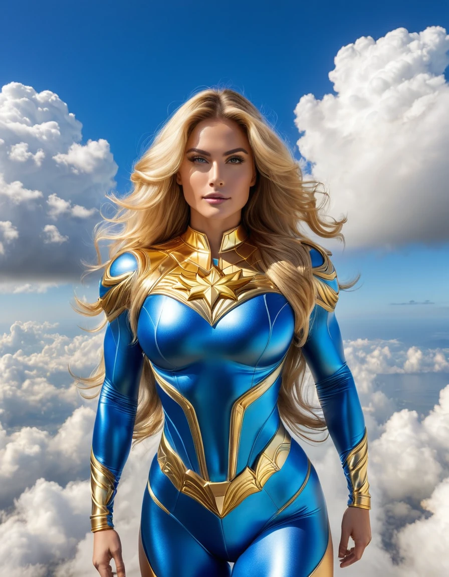 Svetlana Lindowskaya, blonde blombshell hovering in the sky, 29 anos, bodysuit tomara que caia dourado, coxas expostas, Armadura de Ouro, Superhero Woman , gold armbands, colar gargantilha de douro, tiara dourada, brincos grandes de argola, faixa dourada, pose majestosa, cabelos loiros, huge long hair,  Curvilinear athletic body, Muscles, shoulders, wide shoulders, coxas, seios, Exposed glutes, Vista lateral do corpo, olhos amarelos, look-at-camera, facial expression of tenderness, Romantismo, clouds, blue sky, sun, raios de luz