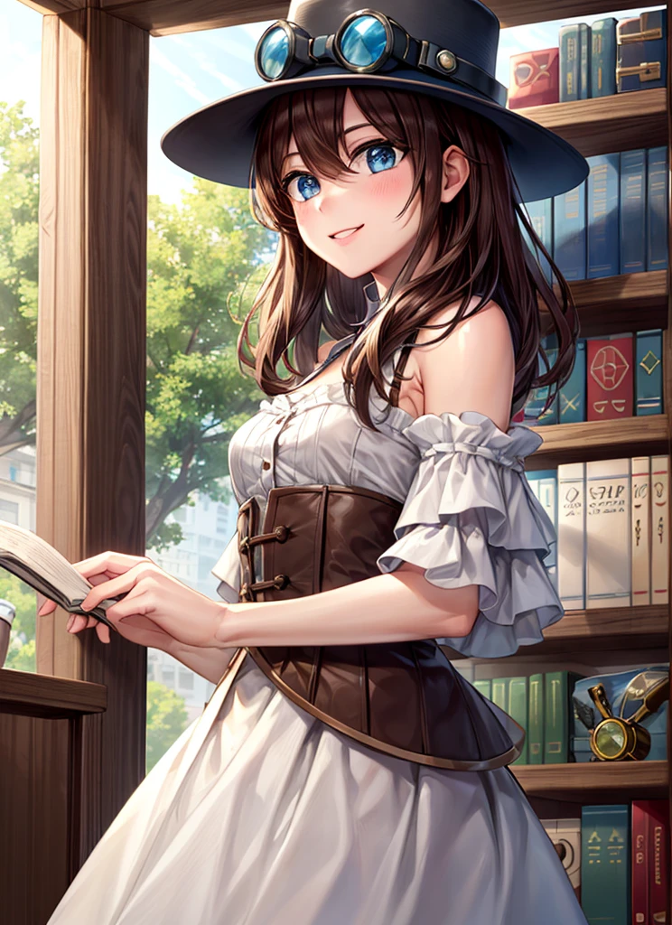 ((Highest quality)), ((Very detailed)), masterpiece, Absurd, Very detailed顔, Beautiful Face, (Fine grain, Deep Eyes), (One girl), From below, Panty shot, Upper Body, stpunker, Brown Hair, Medium Hair, blue eyes, smile, Top Hat, Put goggles on your hat, petticoat, (internal, at the library, Bookshelf)