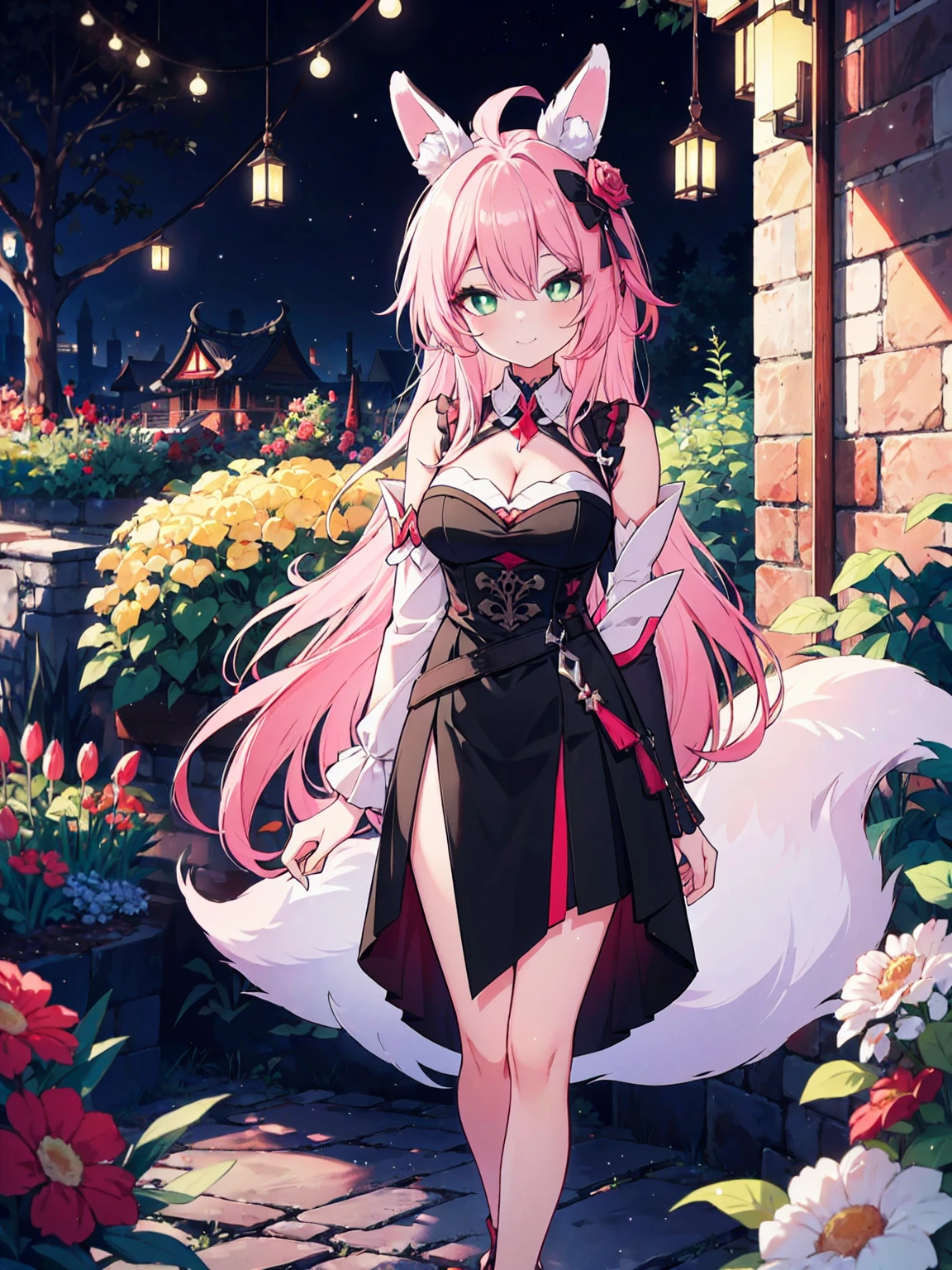 (full-body shot), (colorful:1.1), glowing, (ultra-high resolution, depth of field:1.2), (Tingyun), (Honkai Star Rail:1.1), solo, fox ears, four fox tails, fluffy tails, green eyes, red underliner, long white hair with a hint of pink, medium breasts, (long black dress with a waist cincher), crossed collar shirt, cleavage, bare legs, grinning, garden scenery