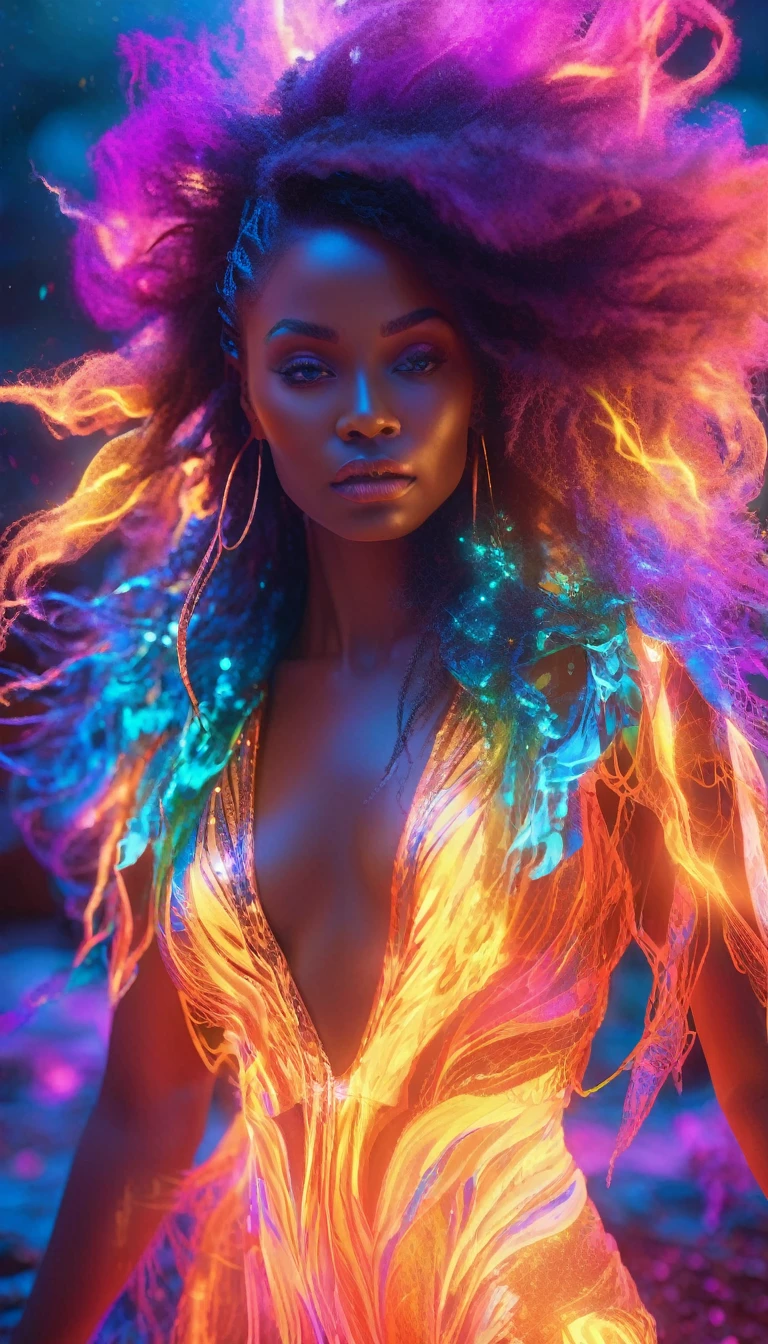 uma linda mulher negra, pele bioluminescente, expressão onírica, Aura etérea brilhante, energia mística, pose introspectiva, Cabelo esvoaçante, iluminação dramática, paisagem surreal, cores vibrantes, detalhes intrincados, composição cinematográfica, arte digital, renderização de octanagem