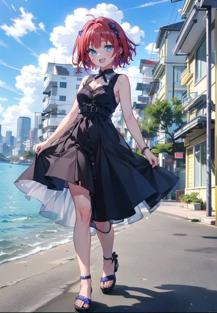 (masterpiece, Highest quality:1.2),shape,8K,High resolution,Say something happy smile, smile, Open your mouth,,Redhead,Long Hair,Purple eyes,1 Girl,sleeveless black dress,Bare arms,Black long skirt,Cute Sandals,walking,Daytime,Clear skies,
break looking at viewer,whole body,
break outdoors, Coastal Road,
break (masterpiece:1.2), Highest quality, High resolution, ユニティ 8K 壁紙, (shape:0.8), (Beautiful and beautiful eyes:1.6), Highly detailed face, Perfect lighting, Highly detailed CG, (Perfect hands, Perfect Anatomy),